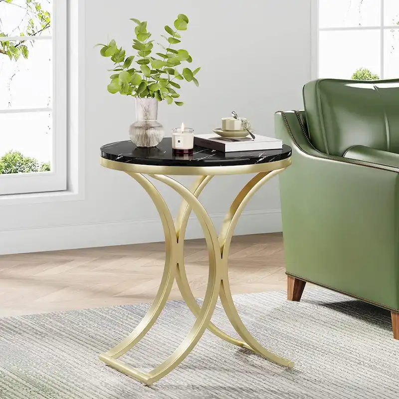 Round Side Table with Faux Marble Top and C-Shaped Metal Legs