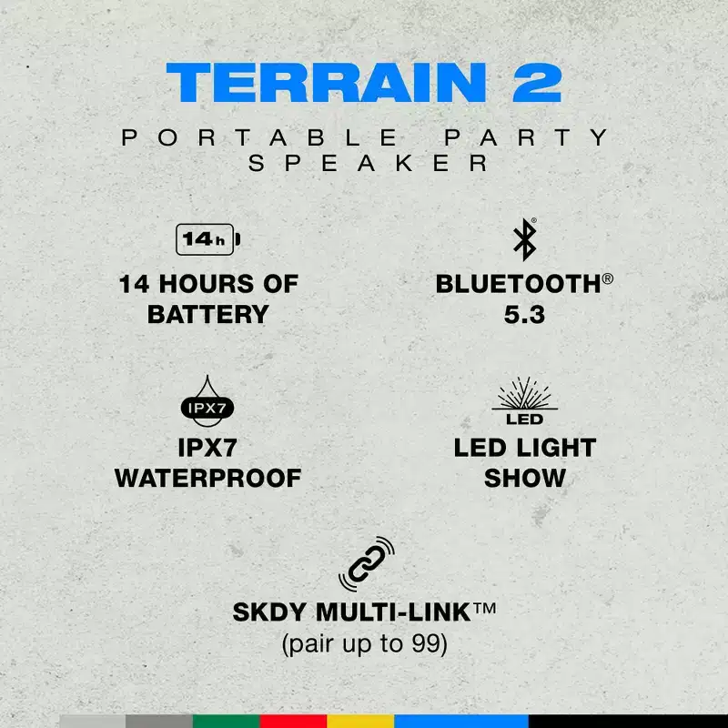 Skullcandy Terrain 2 Wireless Bluetooth Speaker, IPX7 Water Resistant, 14H Battery, Multi-Link, LED Light Show, Portable, Deep Purple
