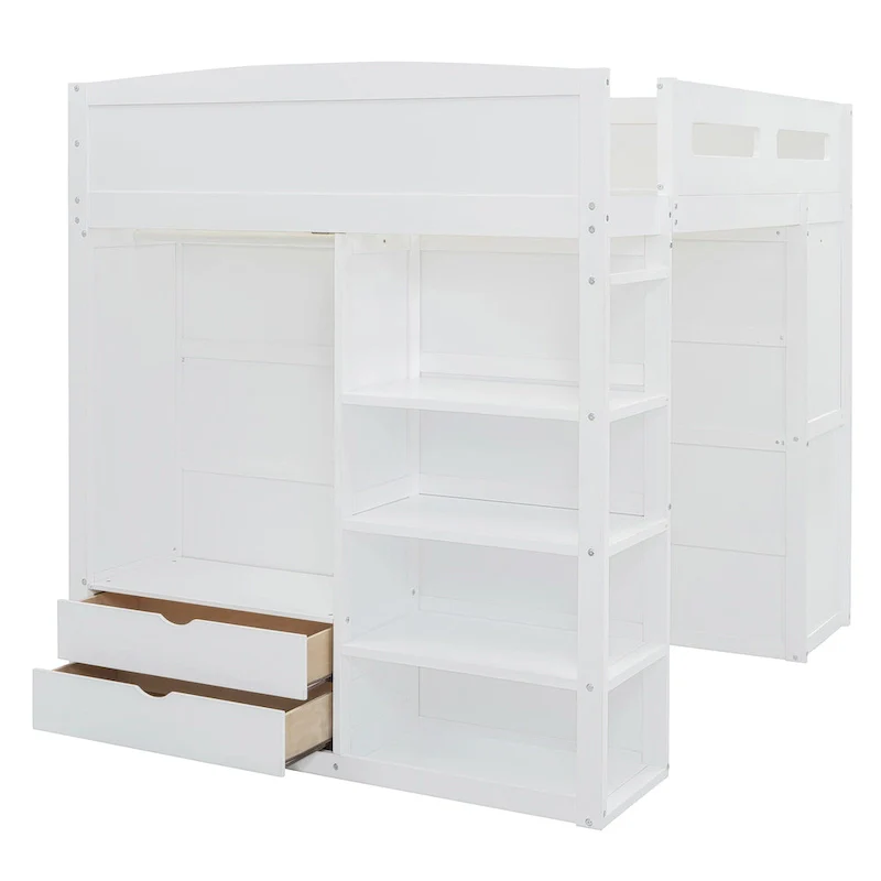 Full Size Loft Bed with Desk & Wardrobe, White/Gray, 1-Person