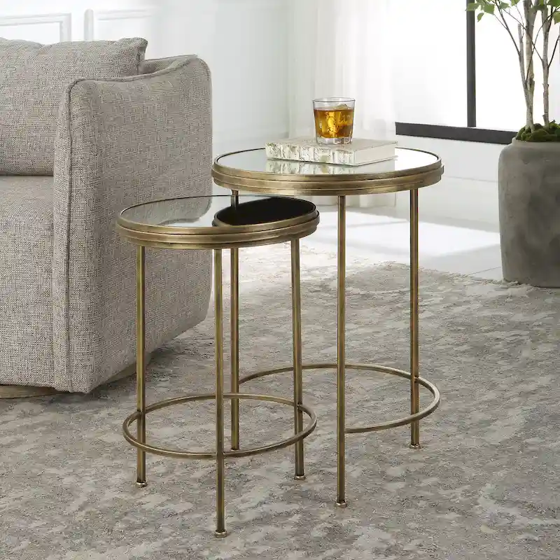 White & Gold Mirrored Glass Nesting Tables, Set of 2