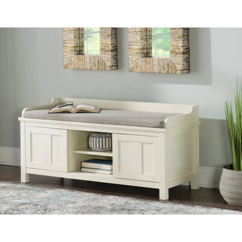 White Metal/Wood Cushioned Storage Bench