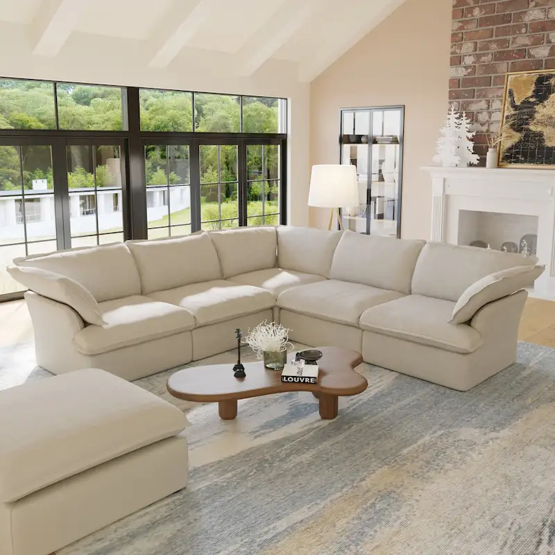 L-shape Linen Sofa Modern Upholstered Sectional Sofa with Ottoman