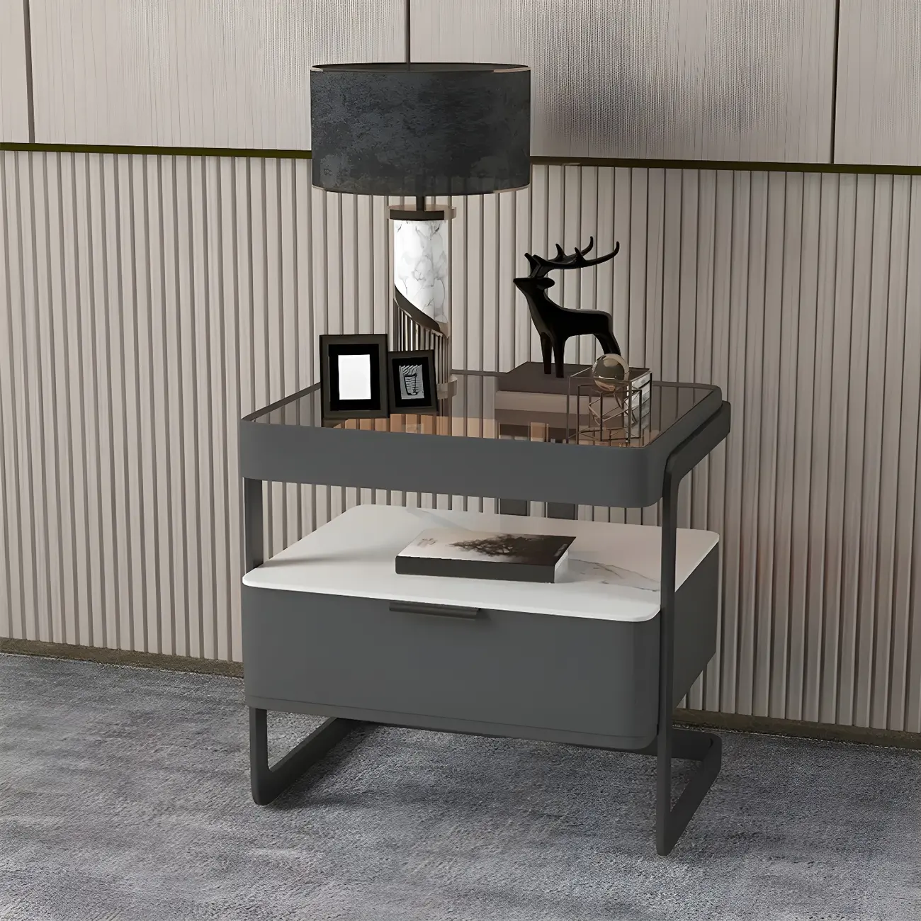 Modern Wood Nightstand with Glass Countertop and Drawer