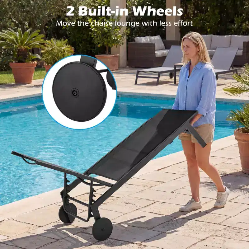 Costway 1/2 PCS Patio Chaise Lounge with Wheels Adjustable 6-Position Backrest Breathable Seat Black/Brown/Gray