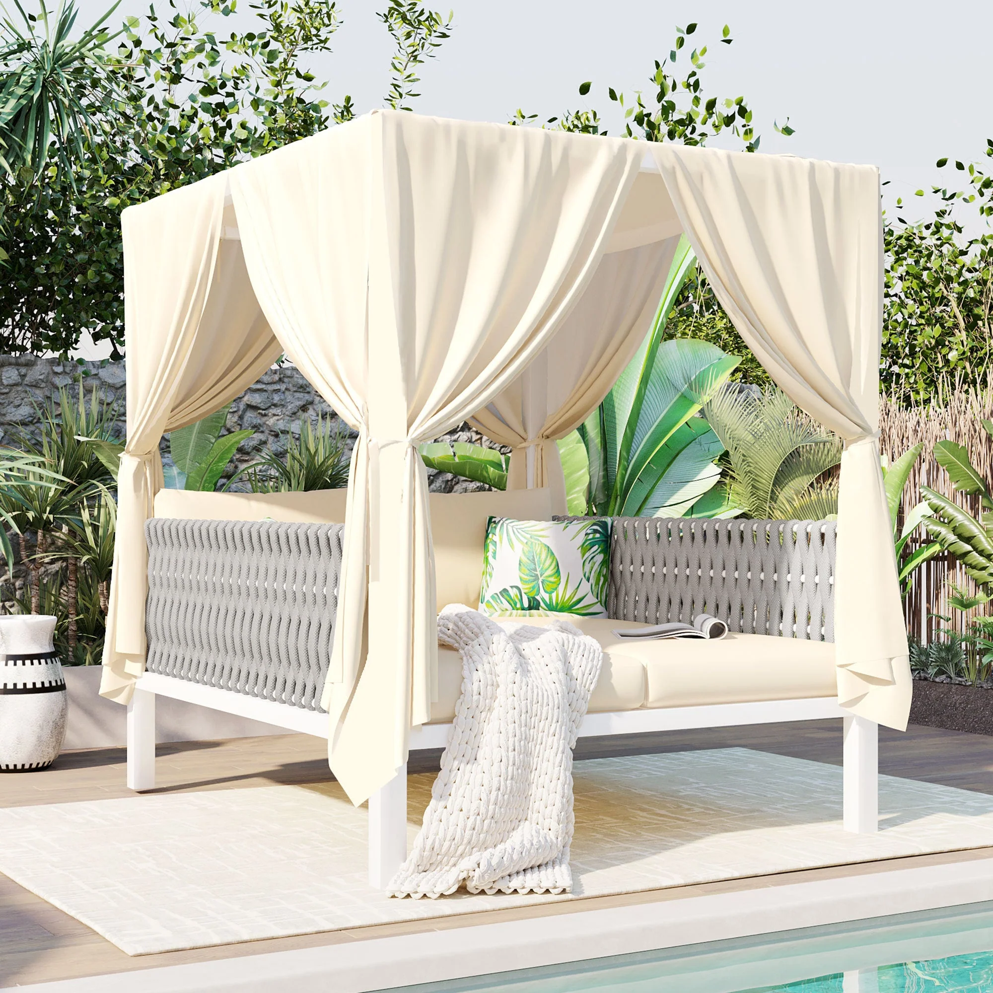 Walker Edison | Posh Outdoor Patio Sunbed with Curtains