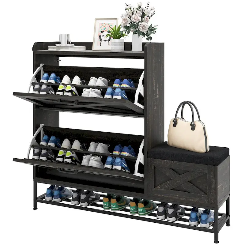 Farmhouse Shoe Storage Cabinet with 2 Flip Drawers for 16 Pairs Entryway with Shoe Bench