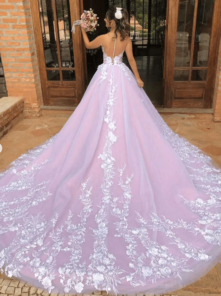 Light Purple Sleeveless A Line V-Neck Lace Wedding Dresses