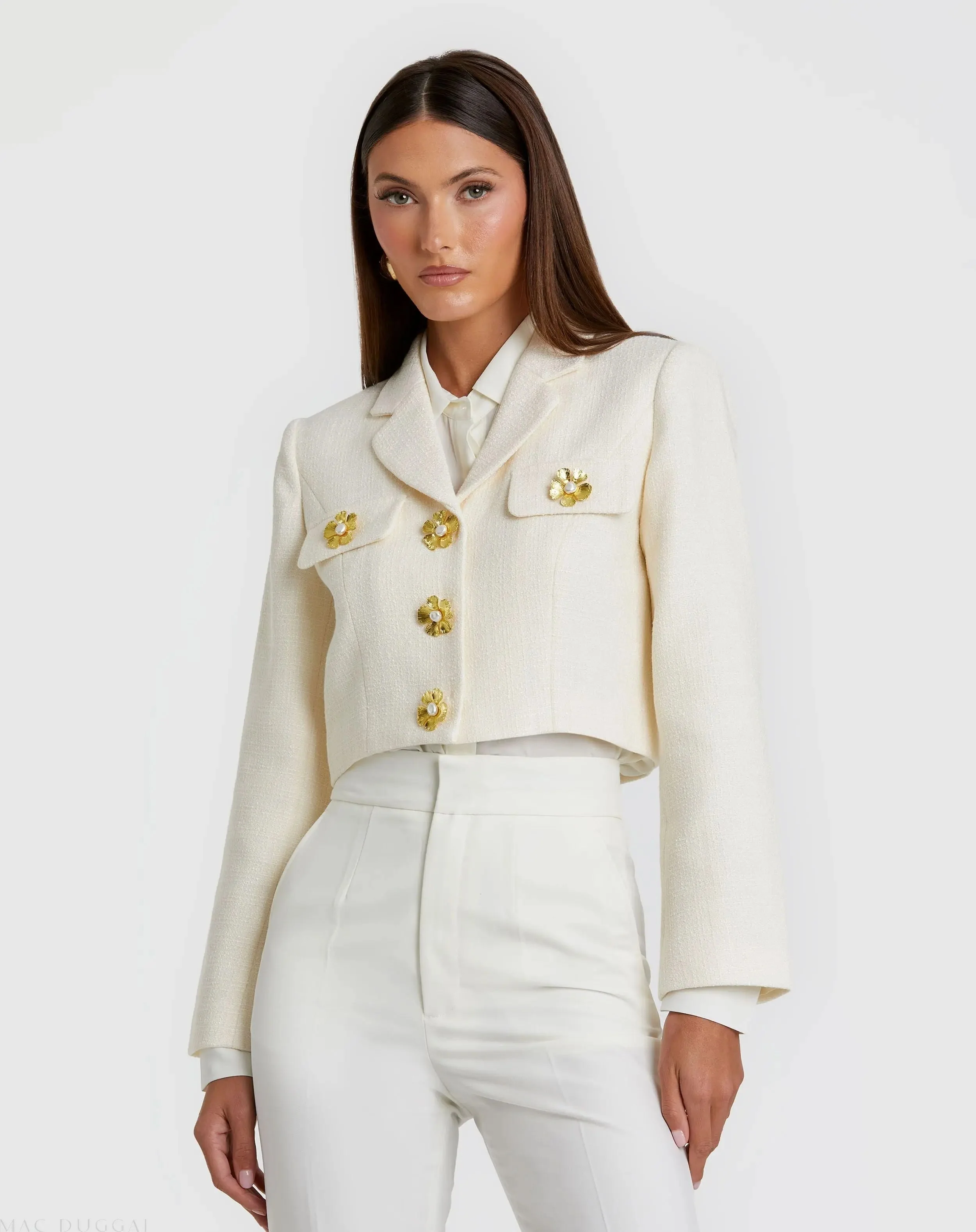 White Cropped Tweed Floral Button Jacket - FINAL SALE