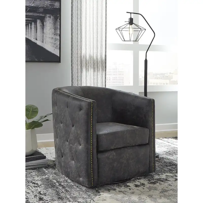 Black Faux Leather Swivel Accent Chair, Barrel Back, Single Seat