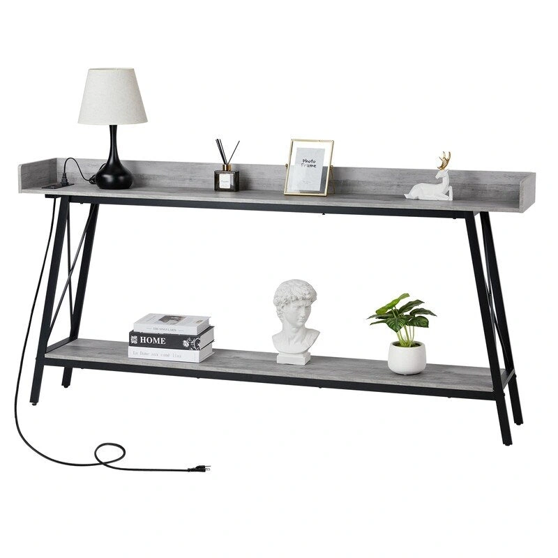 70.9 inch Console Table with 2 Power Outlets and USB Ports, Rustic Industrial Sofa Table for Living Room