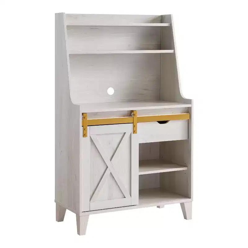 Downes Farmhouse Baker's Rack: Storage Drawer, 4 Shelves, White Oak - miBasics