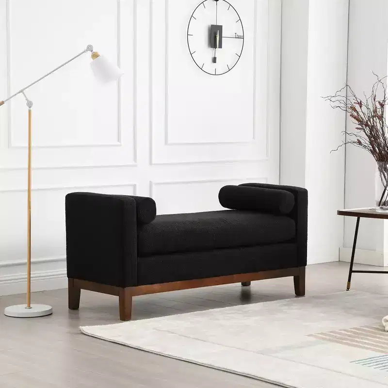 53.5W Upholstered Bench, Ottoman Bench With Wood Legs & Bolster Pillows For End Of Bed, Bedroom, Living Room, Entryway, Black