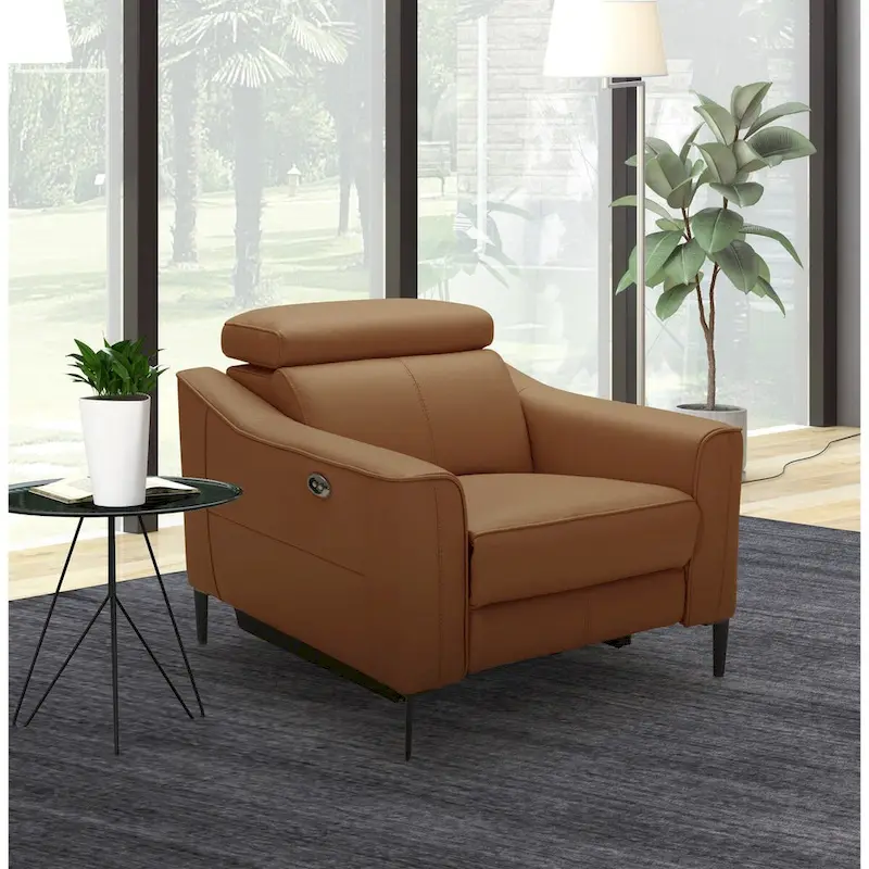 Camel Genuine Leather Power Recliner Chair with Adjustable Headrest & Solid Walnut Frame