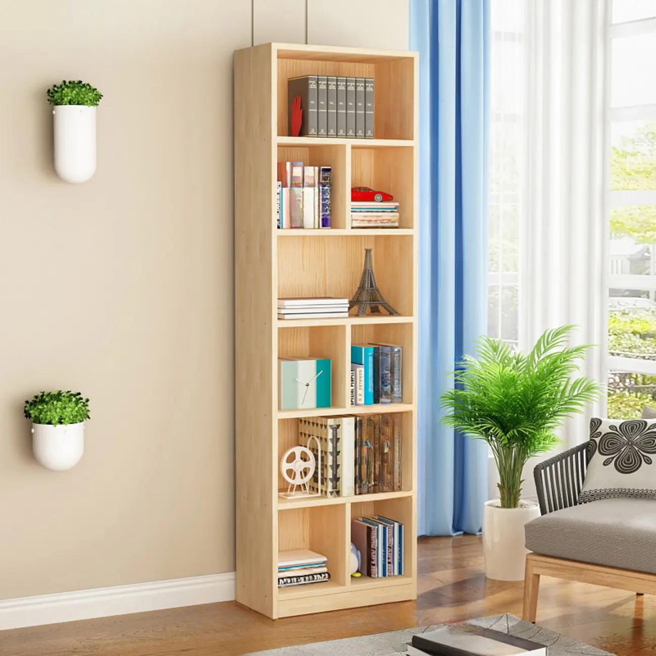 Natural Finish Narrow 6 Shelves Wooden Bookcase with Drawer