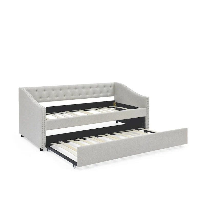 Upholstered Daybed Frame with Trundle & Tufted Backrest