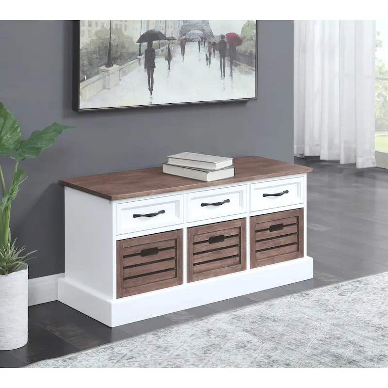 Two Toned Brown/ White Storage Bench with Drawers and Wooden Baskets