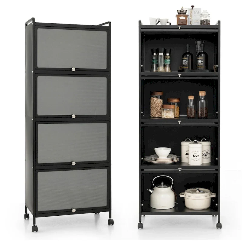 Black 5-Tier Rolling Kitchen Storage Rack with Flip-up Doors, for 1 Person