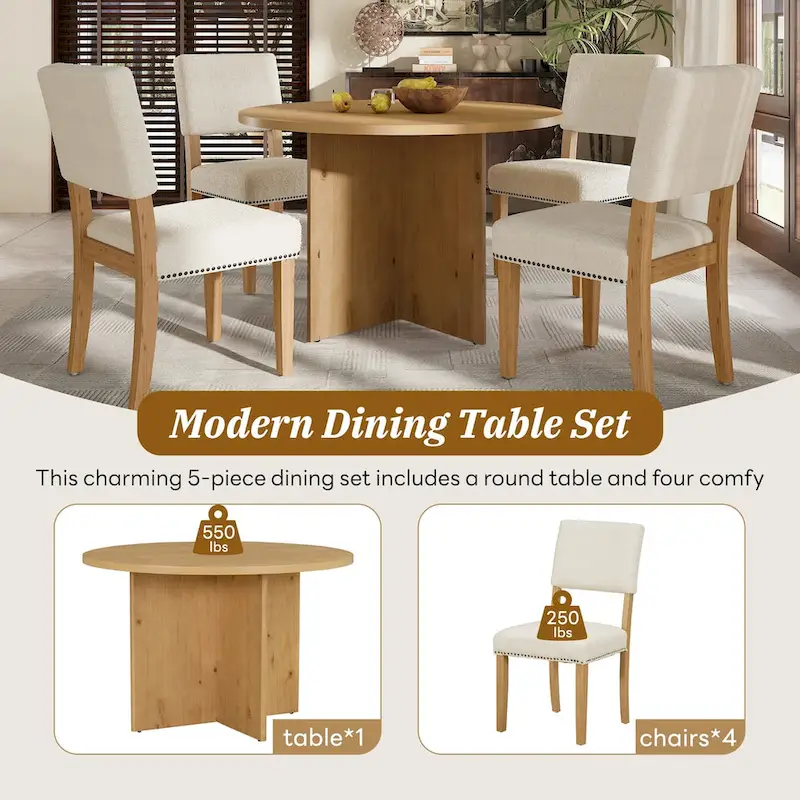 Modern 5-Piece Round Dining Table Set Pedestal Kitchen Table Set with 4 Upholstered Dining Chairs