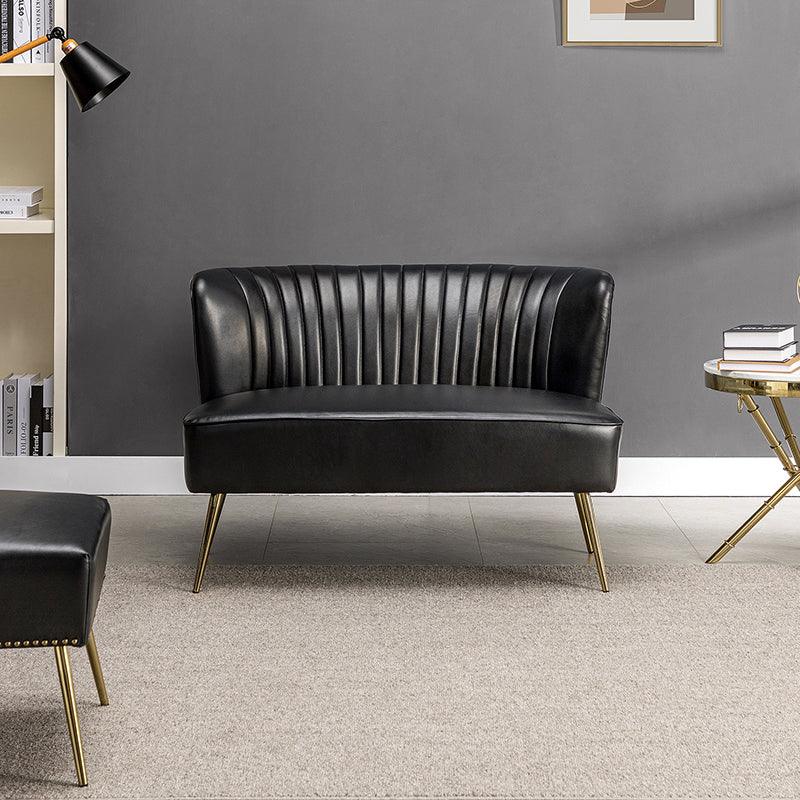 Vegan Leather Tufted Wingback Loveseat with Foam & Spring Fill, Armless & Gold Metal Legs | Black / Camel / Brown / Turquoise | 2-Seater