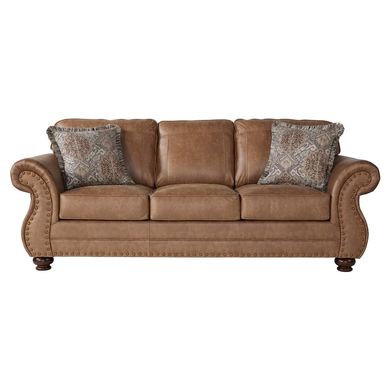 Roundhill Furniture Leinster Fabric Sofa with Antique Bronze Nailheads in Jetson Ginger