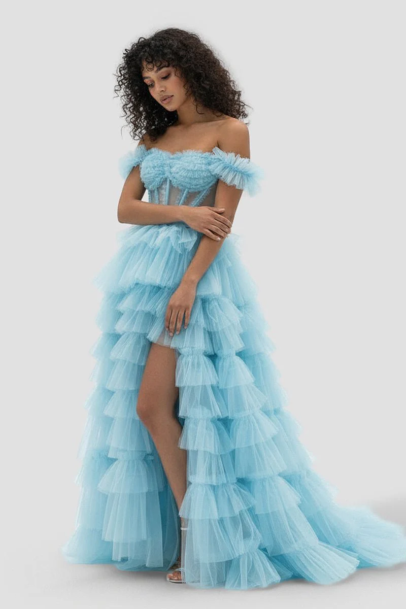 Royal Blue Off the Shoulder Ruffle Tiered Tulle Long Prom Dresses with Slit