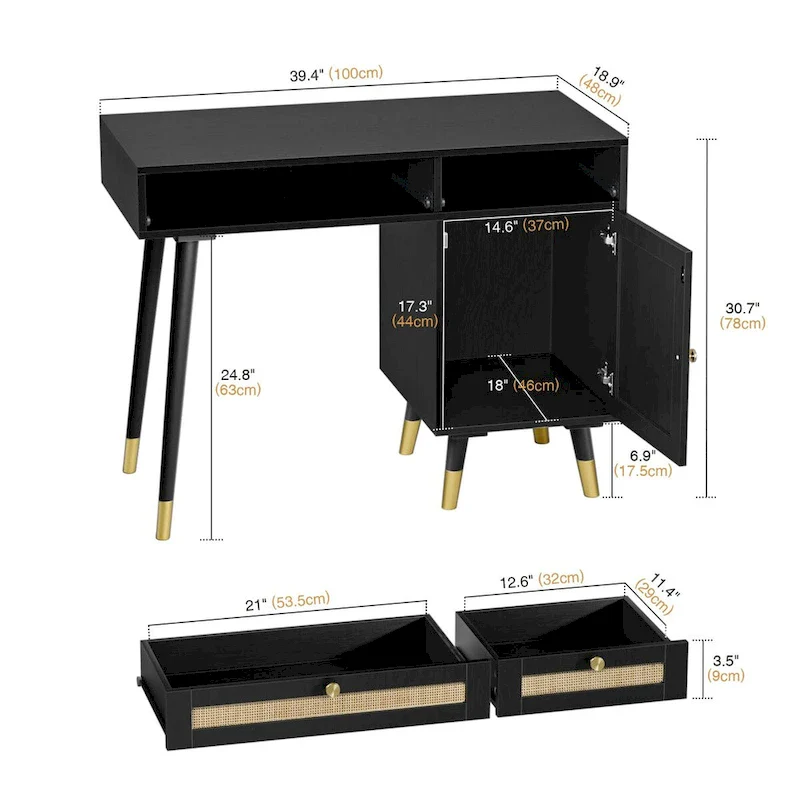 Black Computer Desk with Rattan Drawers and Gold Handles
