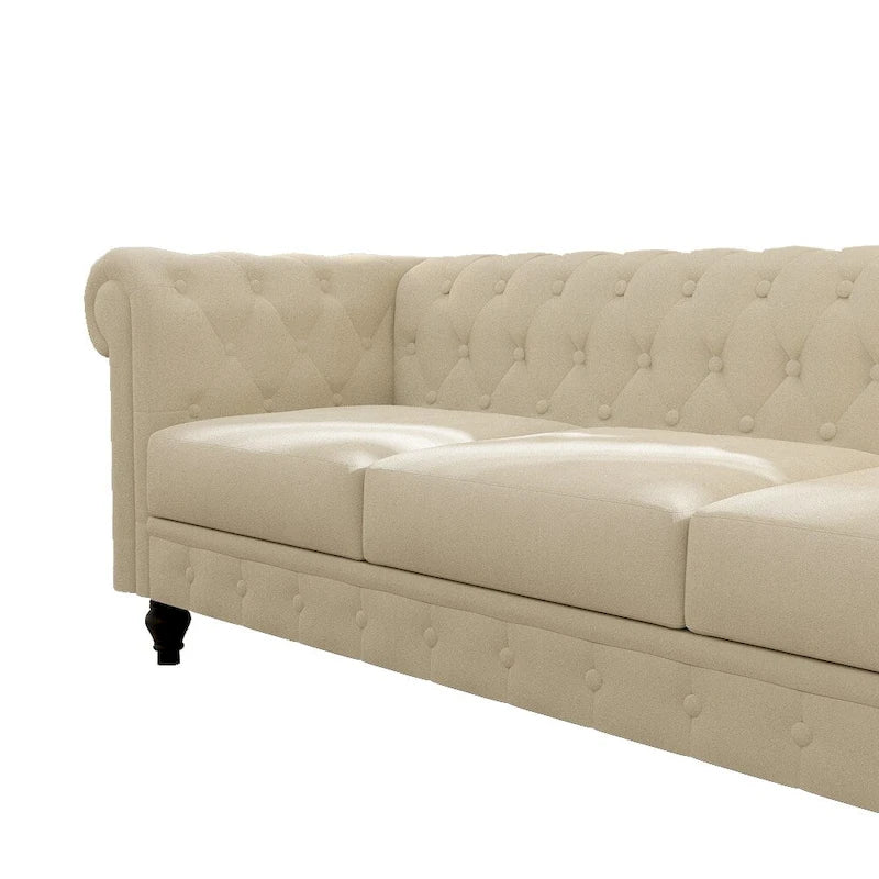 Elegant Beige Chesterfield Sofa - 3-Seater Velvet with Tufted Buttons & Wooden Legs
