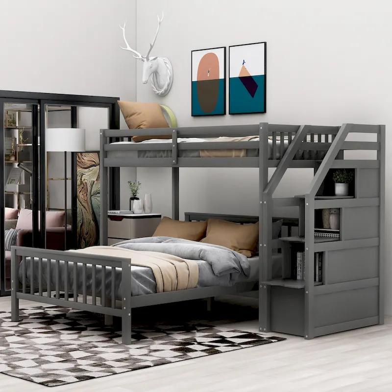 Twin Over Full Wood Loft Bed with Staircase,High Guardrails and Ladder
