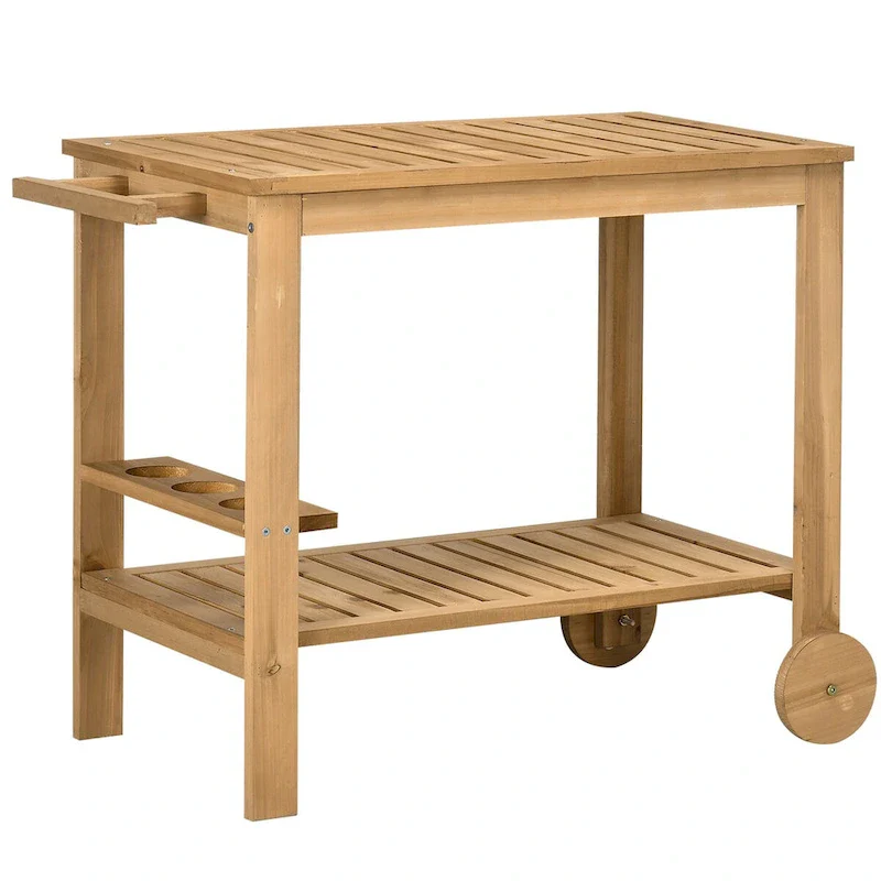 Outdoor Bar Cart, Wood Rolling Home Bar & Serving Cart with 2 Shelves