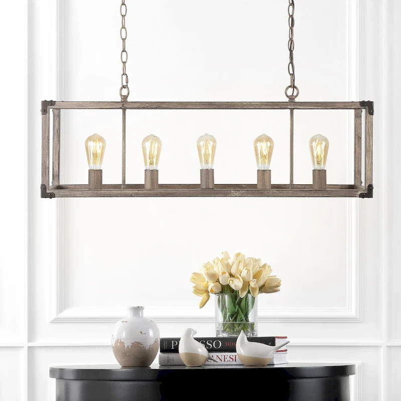 Zeniba 36  5-Light Linear Adjustable Iron Rustic Farmhouse LED Pendant, Brown by JONATHAN Y