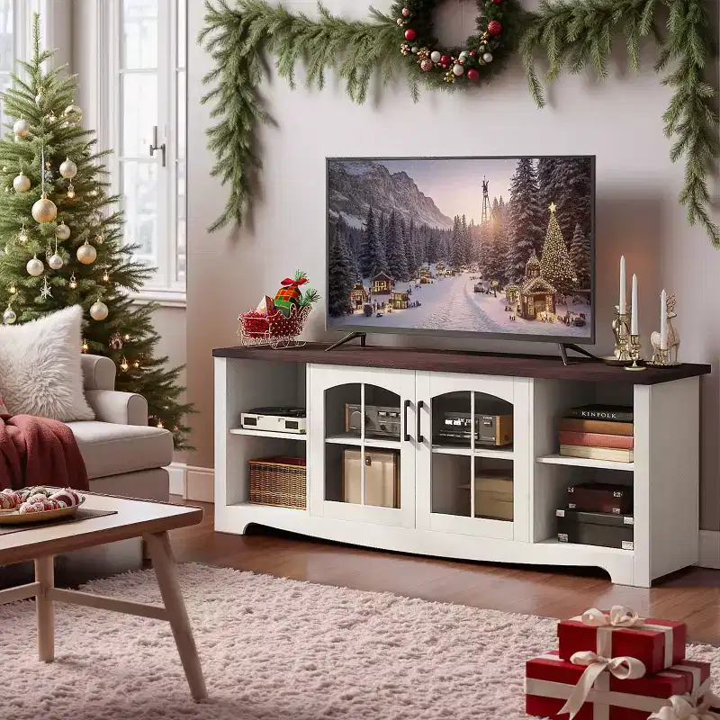 EROMMY 58 Wood TV Stand With Glass Doors & Adjustable Shelves