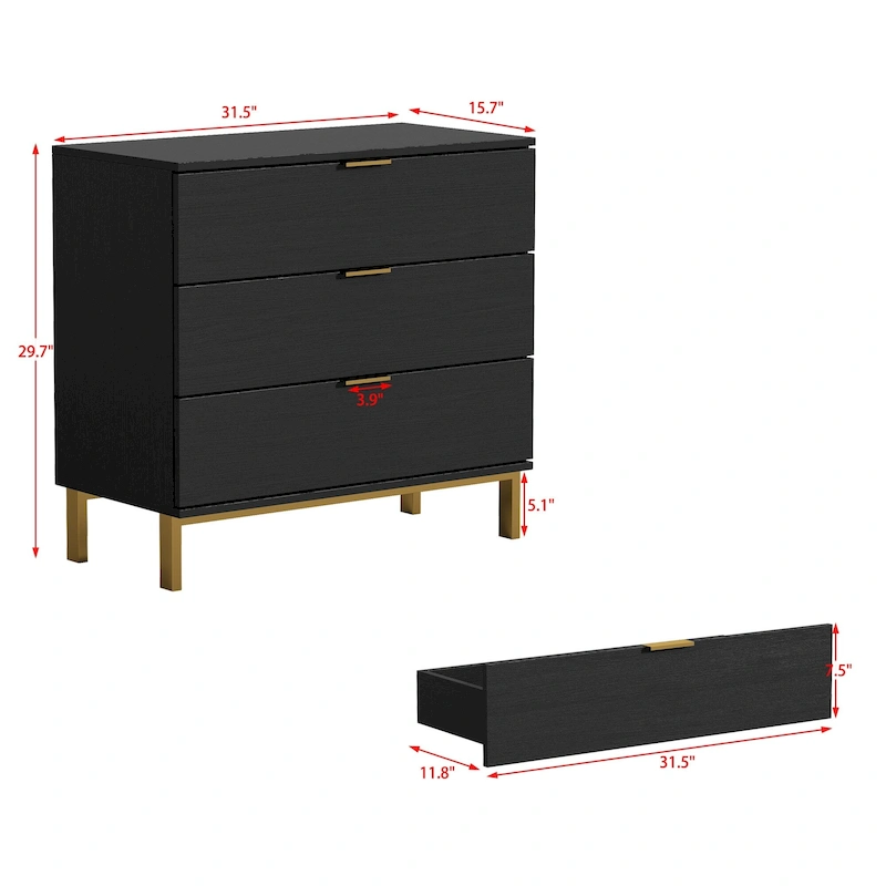 31.5W x 29.7H Wooden Nightstand with 3 Drawer End Table Black Chest