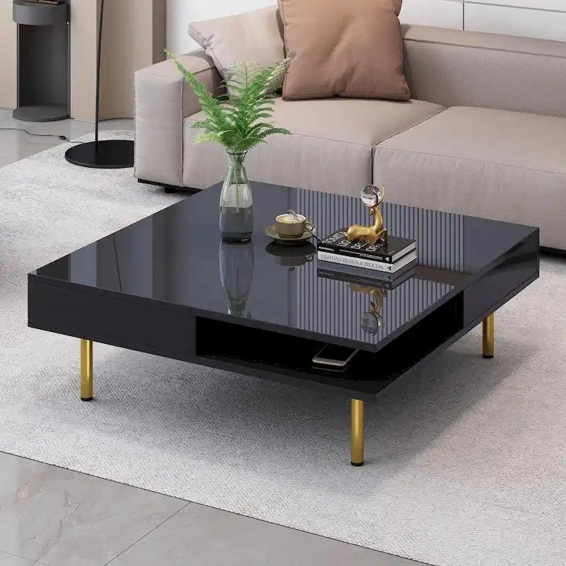 High Gloss Coffee Table: 4 Golden Legs, 2 Drawers, 2-Tier Square Design