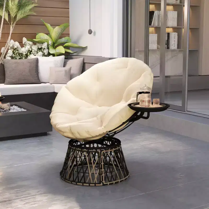 Outsunny 39 Outdoor Papasan Chair with Side Tray, 360 Swivel Overstuffed Circle Chair with Thickened Cushion, Steel Frame for Indoor, Patio, Beige