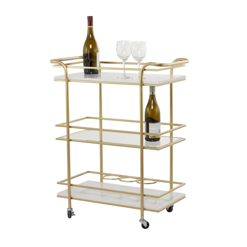 Marble Rolling 1 Glass and 2 Marble Shelves Bar Cart with Handles - Gold - Roche River Decor
