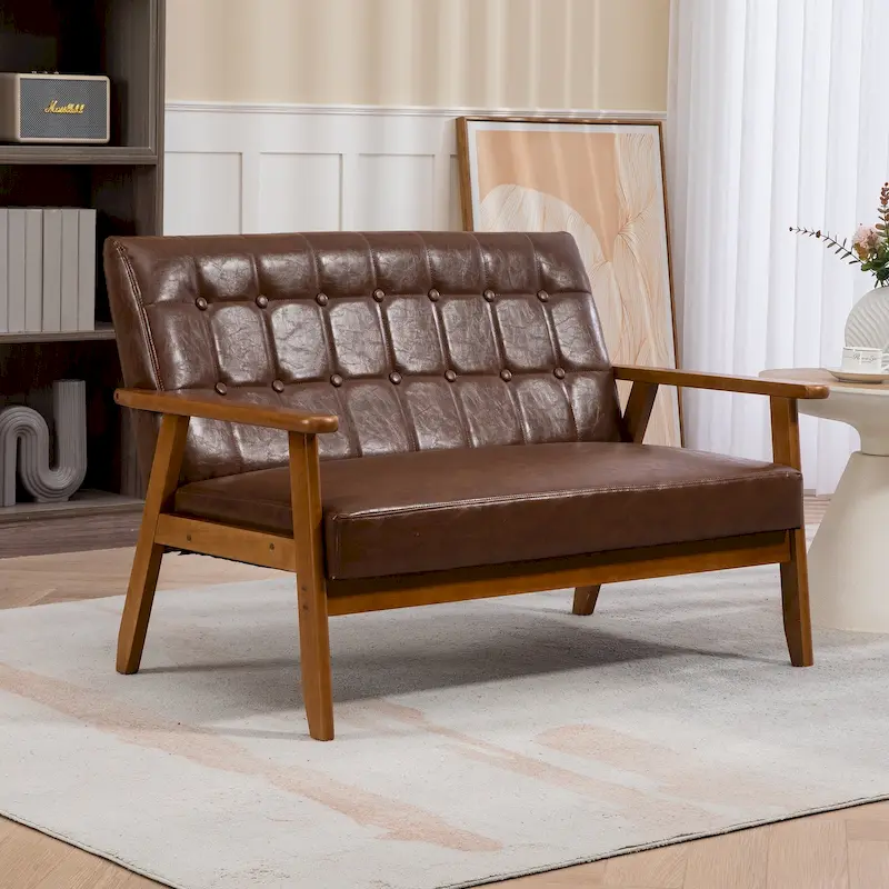 HOMEFUN Mid-Century Linen/PU Upholstered Wood Frame Tufted Loveseat Sofa