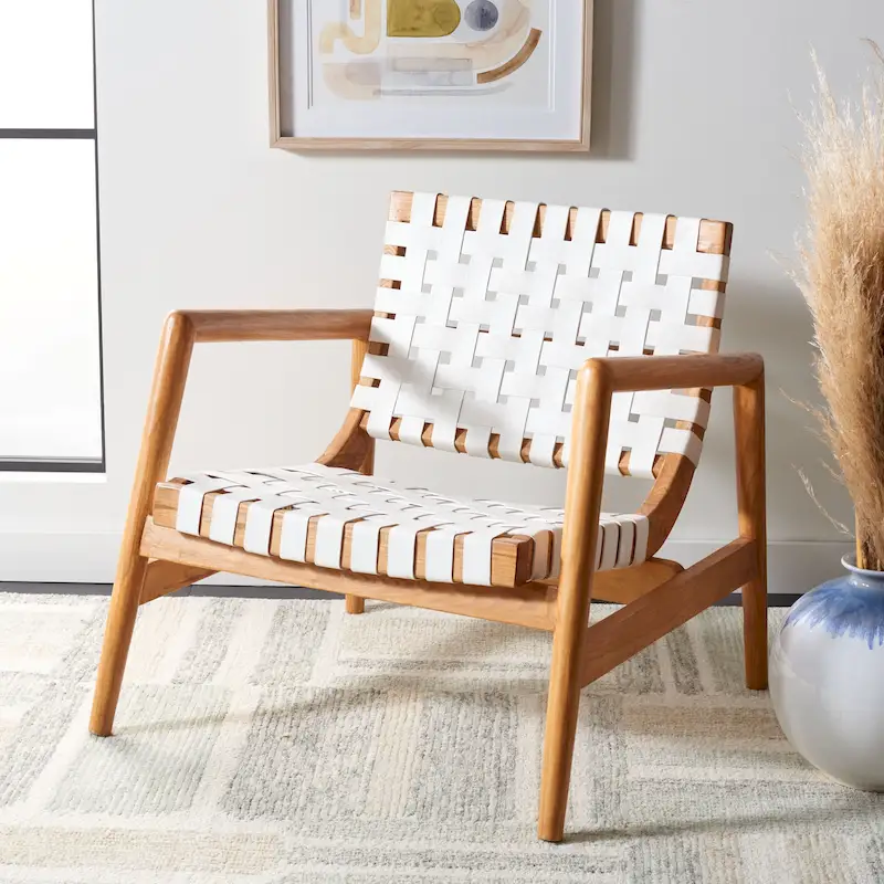 Natural Wood Leather Woven Accent Chair - Single Seat