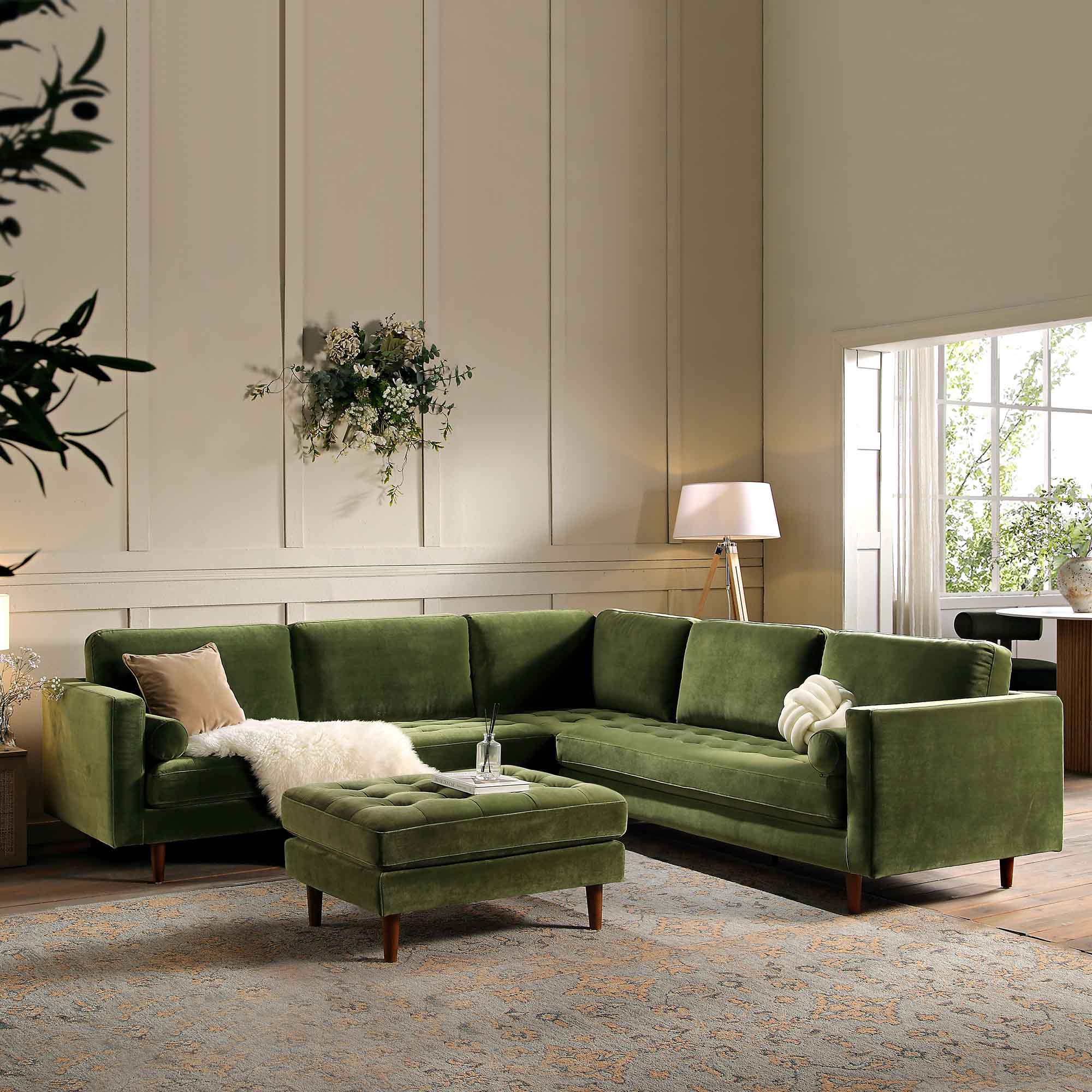 5+Seater Corner Sofa, Moss Green Velvet