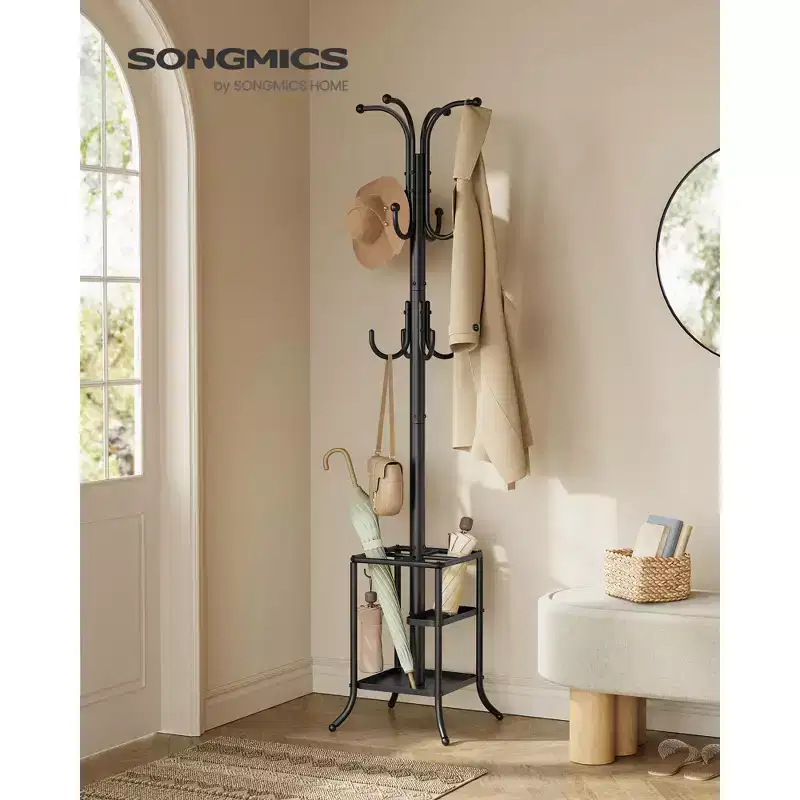 SONGMICS Coat Rack Freestanding with Umbrella Holder, Metal Coat Rack Stand with 12 Hooks, for Entryway, Hallway, Living Room, Bedroom, Ink Black