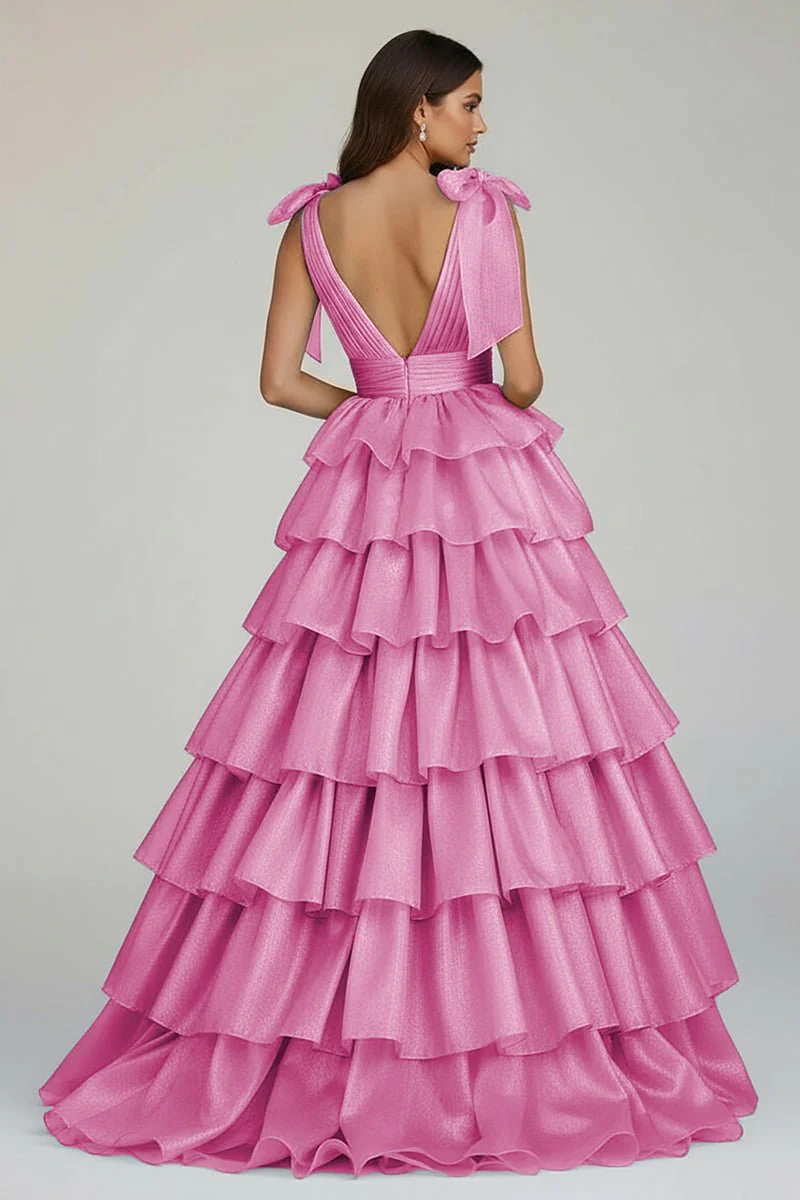 Glitter Tie Straps Pink Plunging Neck Tiered Long Prom Dress