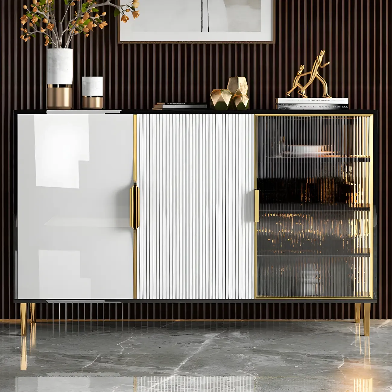Glam High Gloss Wooden Buffet Sideboard with Cabinets