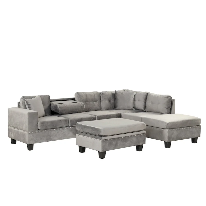 Grey L-Shape Sectional Sofa with Ottoman, Seats 3
