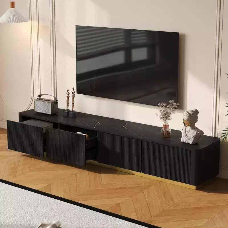 Fluted TV Stand for 85 inch TV with Gold Base, Modern Media Console with 4 Drawers, Entertainment Center with Curved Profile Design