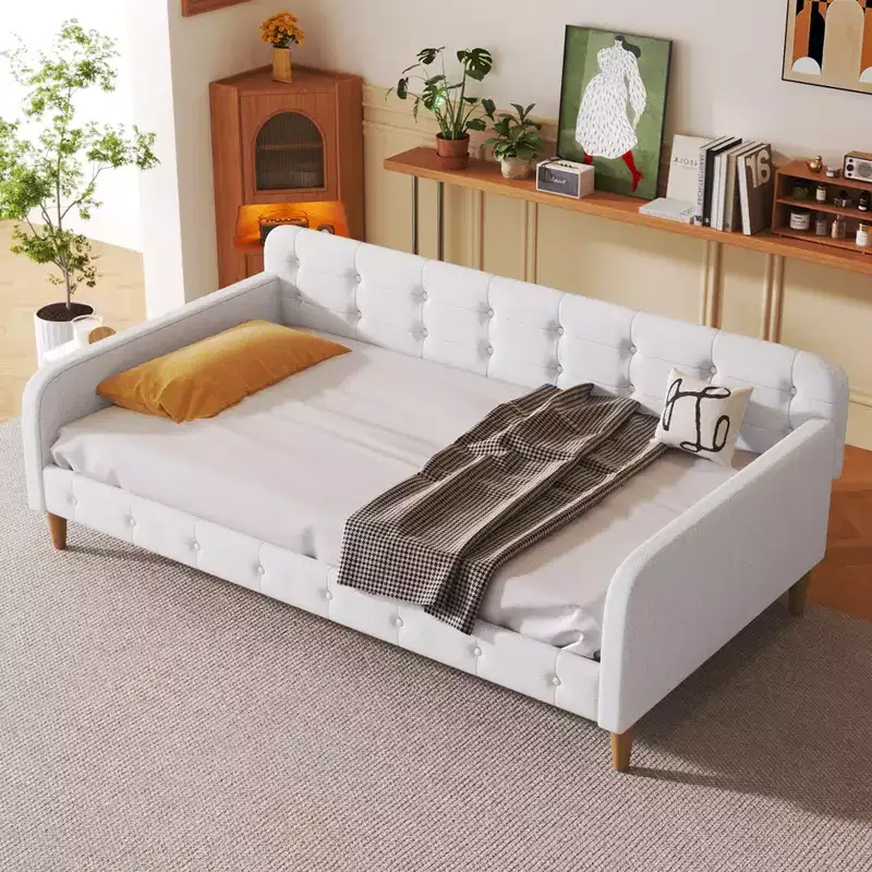 GDFStudio Purtell Modern Tufted Upholstered Linen Daybed with Solid Wood Frame