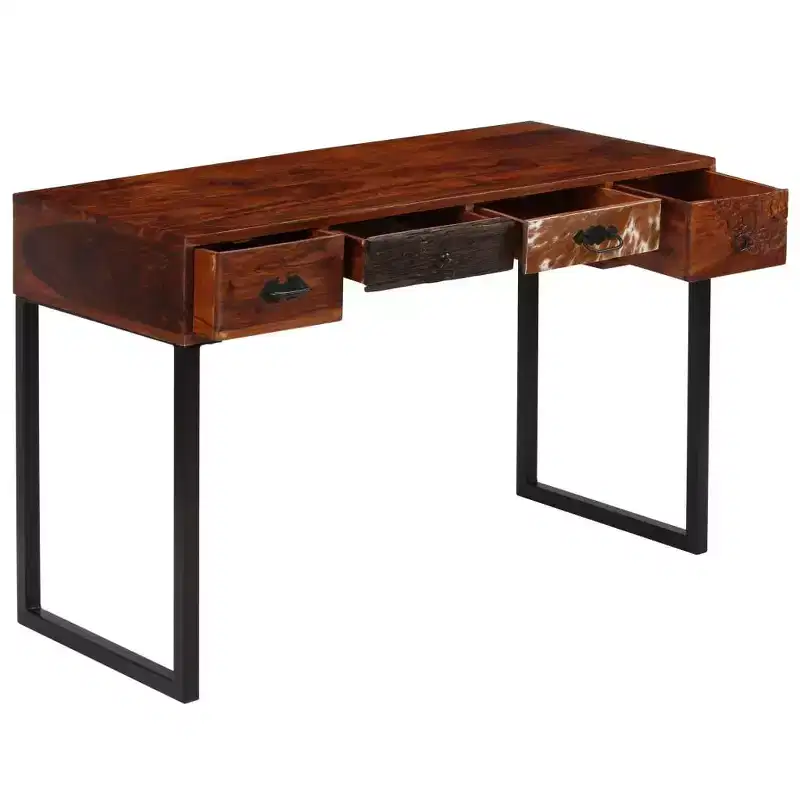 vidaXL Desk Home Office Computer Desk Solid Sheesham Wood and Real Leather - Dark Brown