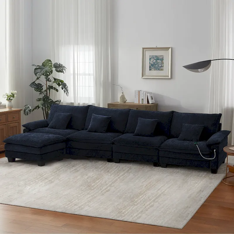 Blue/White/Grey/Black/Cream/Green L-Shaped Modular Sectional Sofa, Convertible Sleeper, 5-Seat