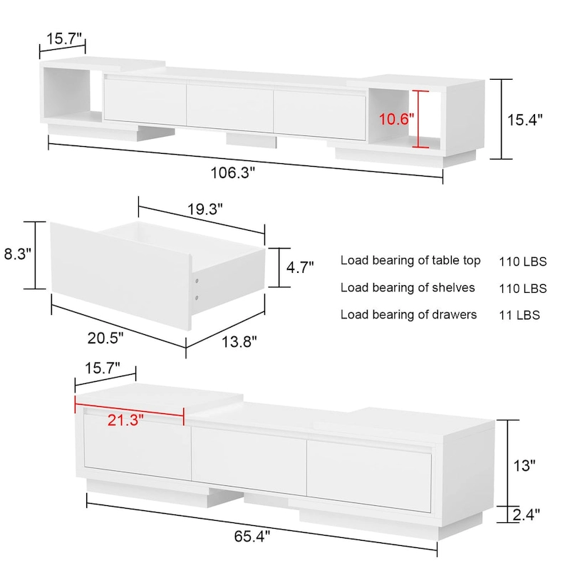 Modern Style Extendable TV Stand with 3Drawer White/Black 65.4-106.3