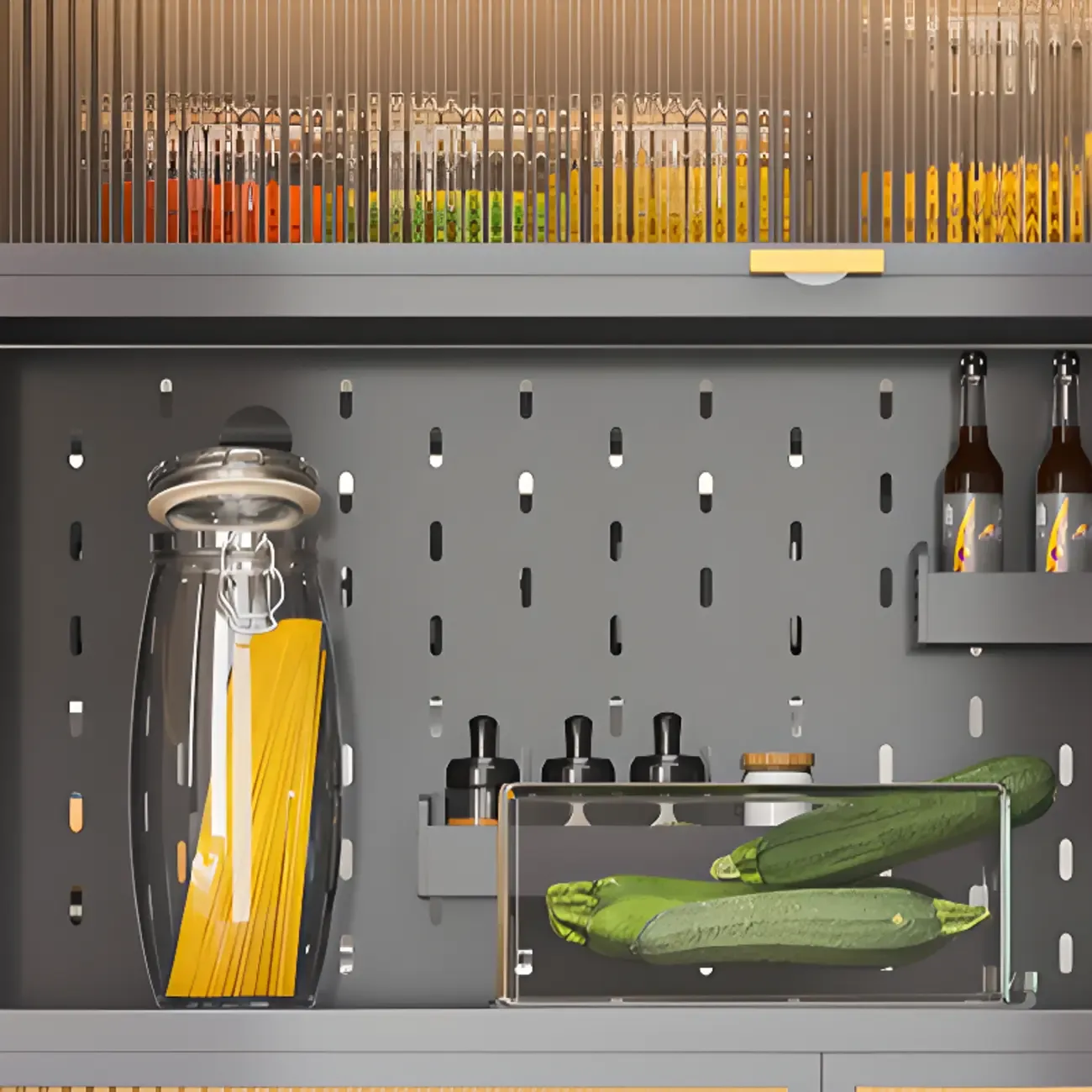 Modern Steel Multi-Shelf Sideboard with Pegboard Back