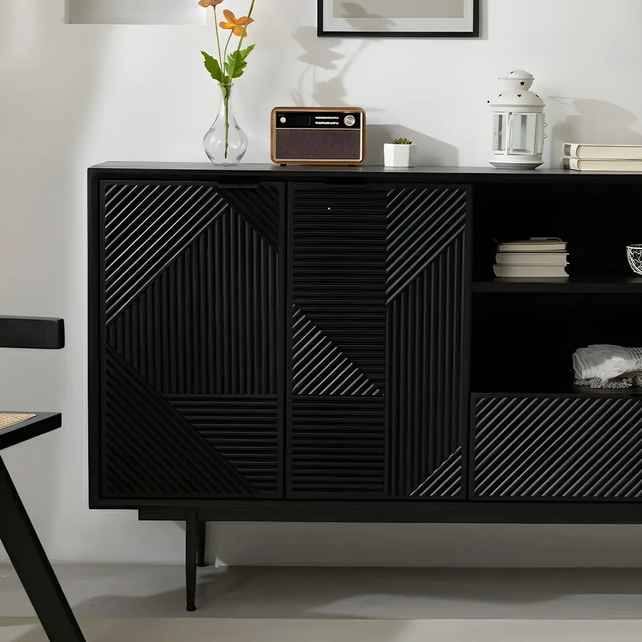 Geometric Black Wooden Sideboard with Drawer & Cabinet