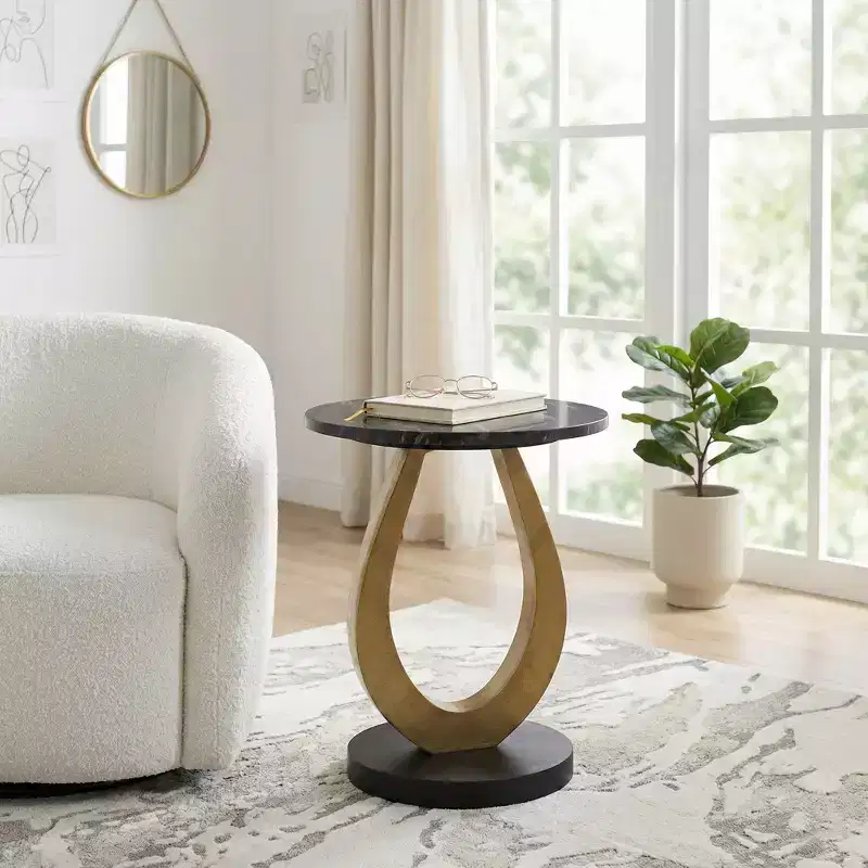 Round End and Side Table for Small Spaces - Curved Base Design with Wood Top for Living Room and Bedroom Decor and Home Decor - 22, Gold & Black